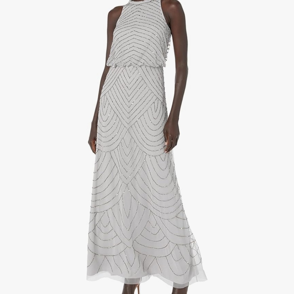 Adrianna Papell White Sequin Halter Sheath Dress